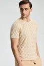 Keten Pamuk Ajur Desen Bisiklet Yaka Krem Rengi Triko T-Shirt - Thumbnail