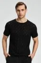 Keten Pamuk Ajur Desen Bisiklet Yaka Siyah Triko T-Shirt