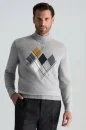 Lambswool Yün Argyle Desenli Yarım Balıkçı Yaka Açık Gri Kazak - Thumbnail