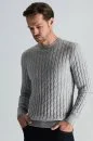 Lambswool Yün Saç Örgü Desenli Bisiklet Yaka Açık Gri Kazak - Thumbnail