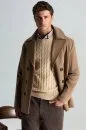 Lambswool Yün Saç Örgü Desenli Bisiklet Yaka Camel Kazak - Thumbnail