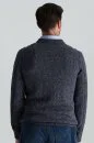 Merino Yün-İpek Karışım Aran Örgü Desen Bisiklet Yaka Lacivert Kazak - Thumbnail