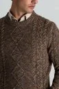 Merino Yün-İpek Karışım Aran Örgü Desen Bisiklet Yaka Tütün Rengi Kazak - Thumbnail