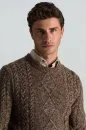 Merino Yün-İpek Karışım Aran Örgü Desen Bisiklet Yaka Tütün Rengi Kazak - Thumbnail