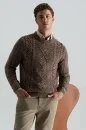 Merino Yün-İpek Karışım Aran Örgü Desen Bisiklet Yaka Tütün Rengi Kazak - Thumbnail