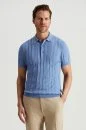Merino Yün Pamuk Karışım Şerit Desenli Mavi Triko Polo