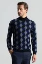 Merino Yünü Argyle Desen Lupetto Yaka Lacivert Triko - Thumbnail