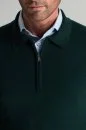 Merino Yünü Polo Yaka Yarım Fermuarlı Koyu Yeşil Triko Kazak - Thumbnail