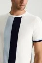 Merserize Pamuk Blok Detaylı Bisiklet Yaka Beyaz-Mavi Triko T-Shirt