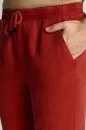 Saf Keten Bağcıklı Koyu Kırmızı Pantolon