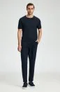 Saf Keten Lacivert Bisiklet Yaka T-Shirt