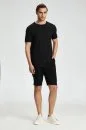 Saf Keten Siyah Bisiklet Yaka T-Shirt